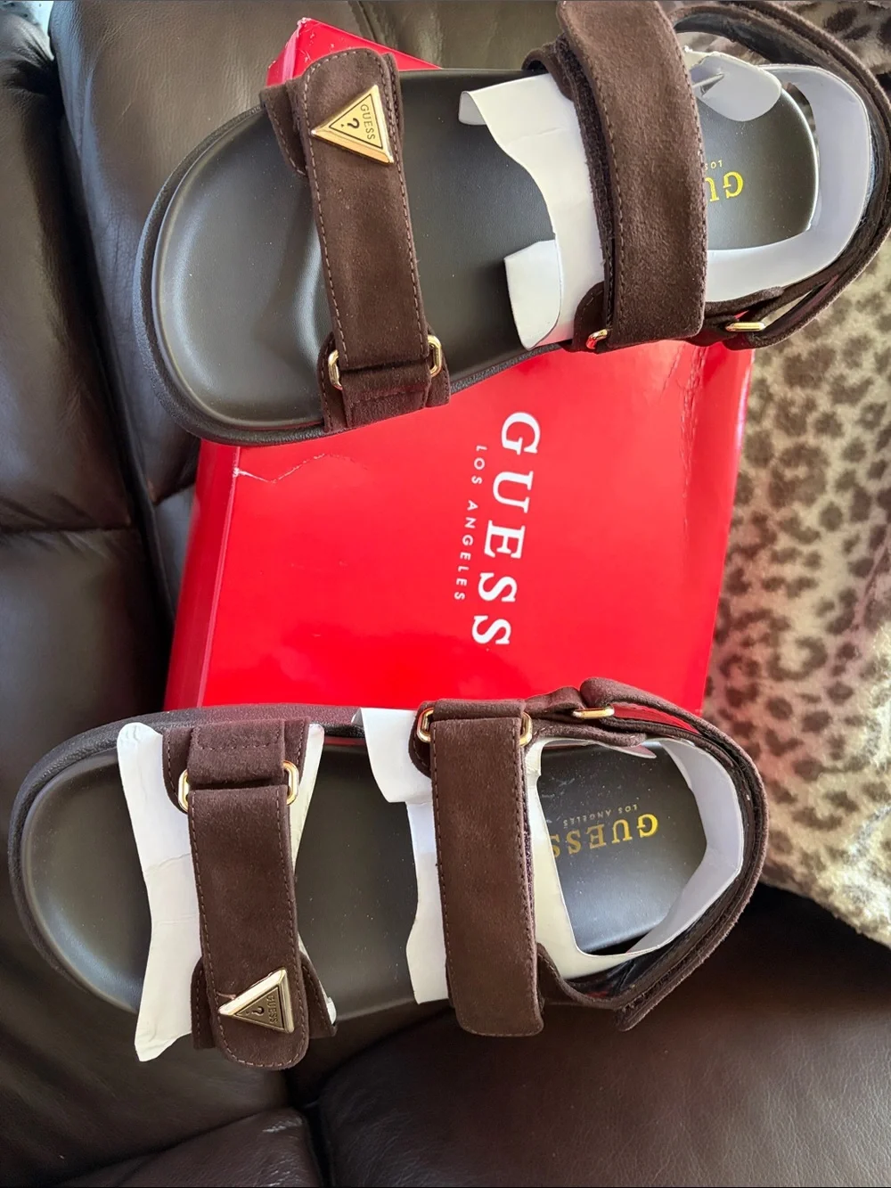 Guess Brown Suede Double-Strap Sandals with Gold Accents